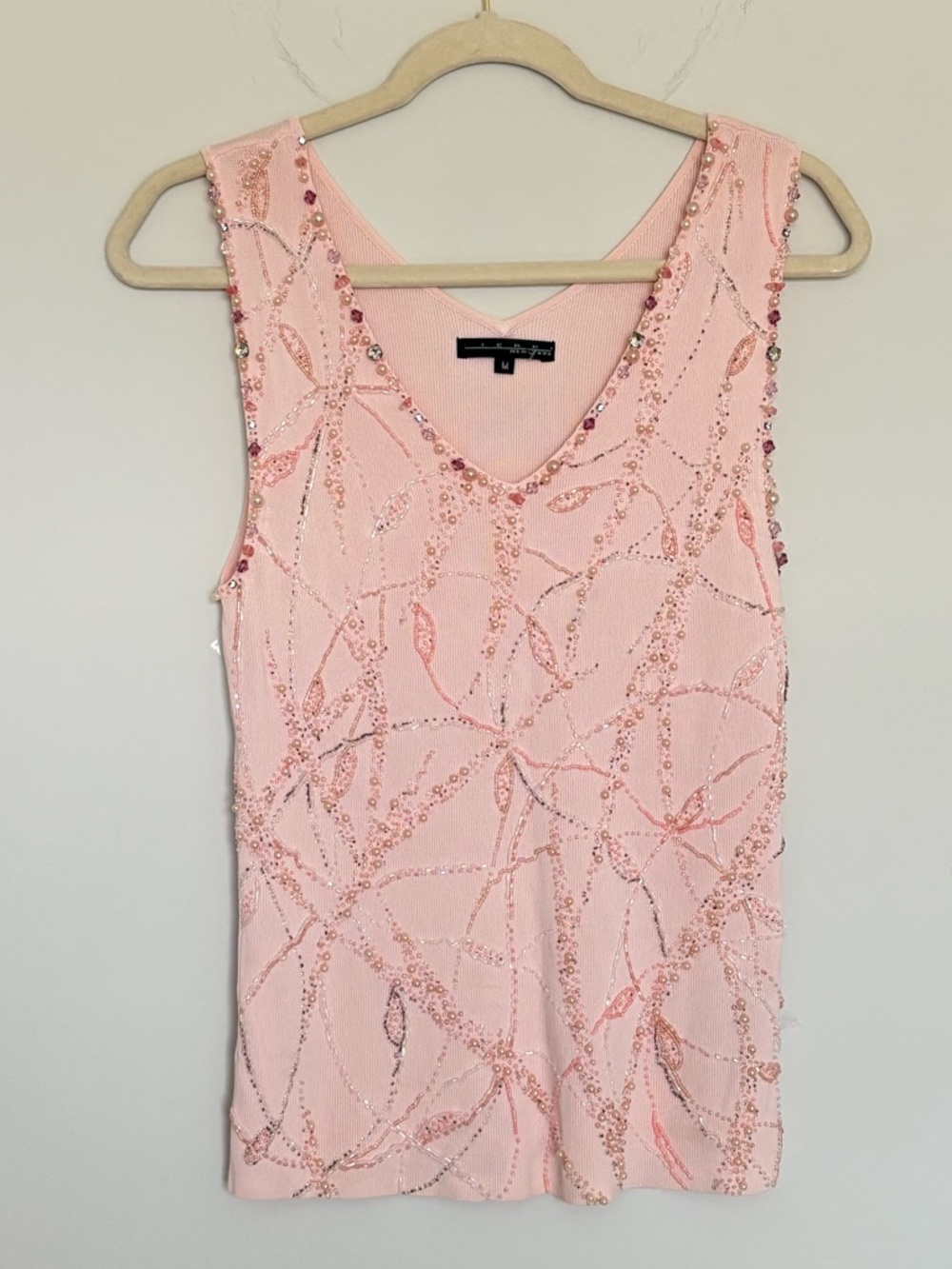 Y2K Pierri New York Fully Beaded Baby Pink Sweater Tank Glam Girly Size Medium